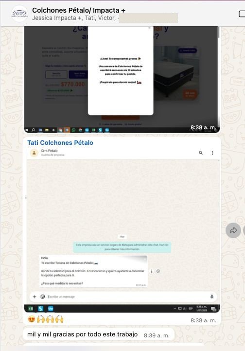 Captura de WhatsApp: Tatiana de Colchones Pétalo agradece el trabajo tras la implementación de su sistema de ventas y automatización.